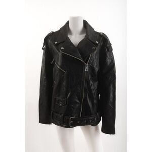 Zara Womens Biker Jacket Coat Oversized Black Faux Leather Belted XL 4341/921